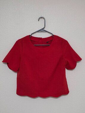 Red Scalloped Hem Blouse Small Handmade Minimalist Chic Top